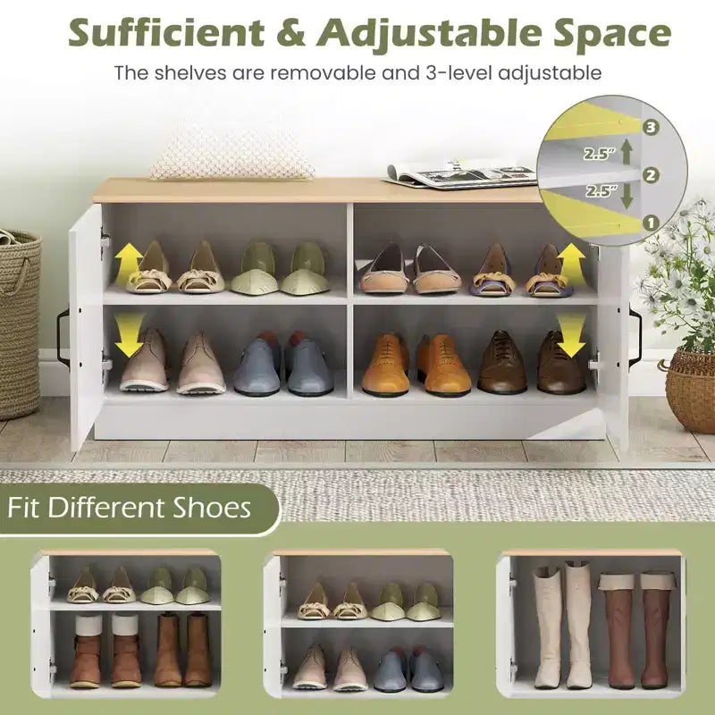 Banc à chaussures 2 portes Costway avec étagères réglables et espace de rangement caché Naturel + Blanc/Blanc