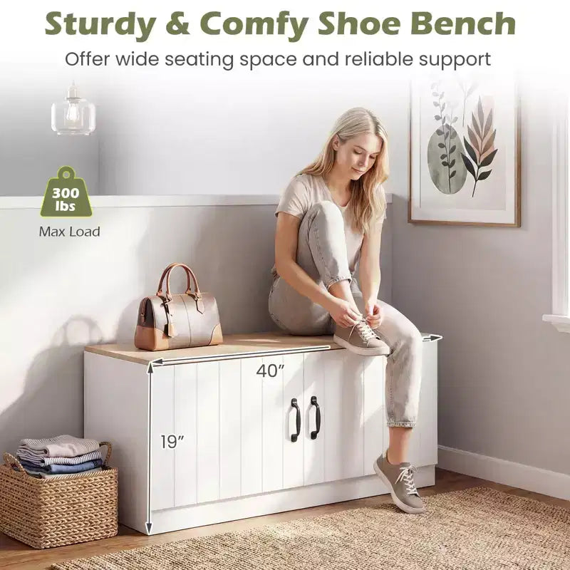 Banc à chaussures 2 portes Costway avec étagères réglables et espace de rangement caché Naturel + Blanc/Blanc