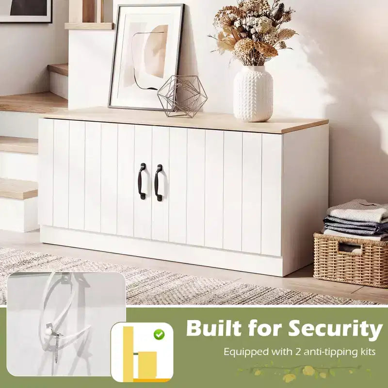 Banc à chaussures 2 portes Costway avec étagères réglables et espace de rangement caché Naturel + Blanc/Blanc