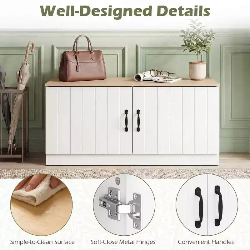 Banc à chaussures 2 portes Costway avec étagères réglables et espace de rangement caché Naturel + Blanc/Blanc