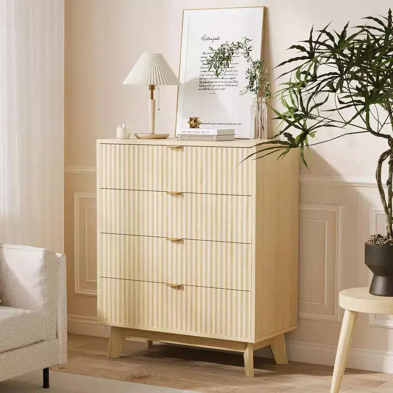 Commodes 4 tiroirs 2 pièces, Commodes de placard cannelées, Commodes de rangement en bois pour chambre à coucher, salon, couloir, Naturel