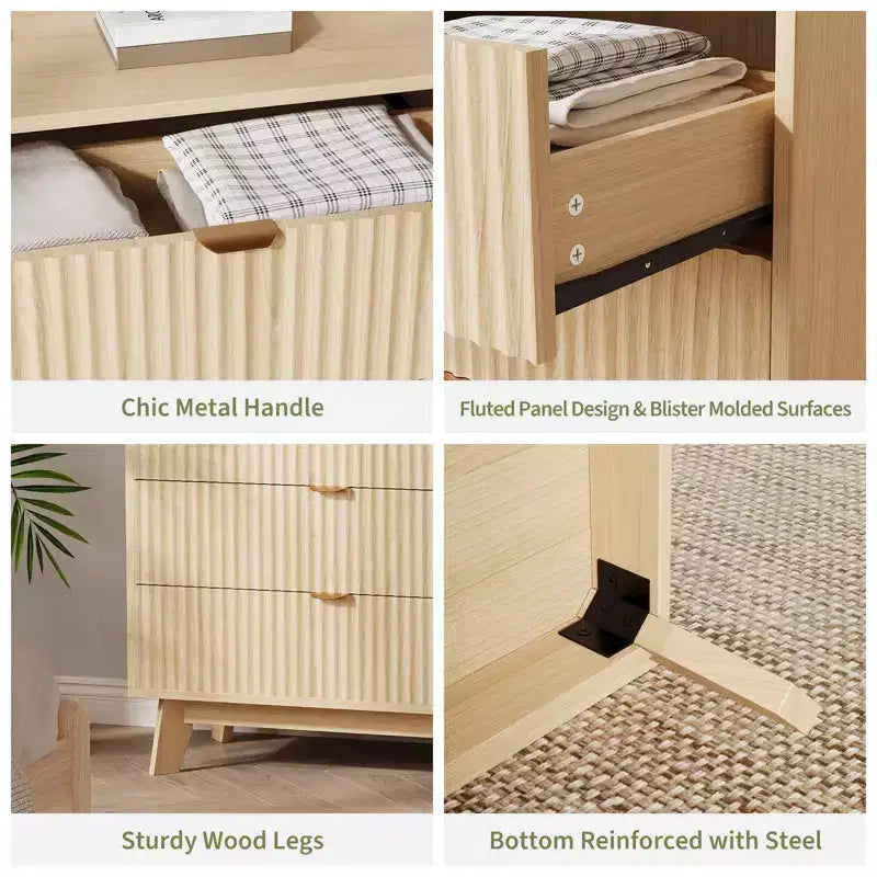 Commodes 4 tiroirs 2 pièces, Commodes de placard cannelées, Commodes de rangement en bois pour chambre à coucher, salon, couloir, Naturel