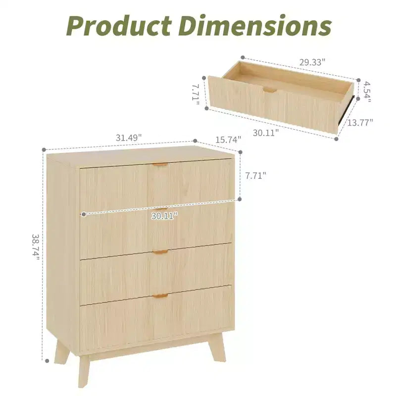 Commodes 4 tiroirs 2 pièces, Commodes de placard cannelées, Commodes de rangement en bois pour chambre à coucher, salon, couloir, Naturel