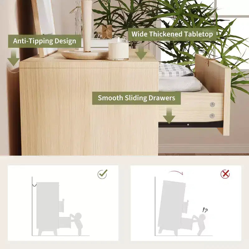 Commodes 4 tiroirs 2 pièces, Commodes de placard cannelées, Commodes de rangement en bois pour chambre à coucher, salon, couloir, Naturel