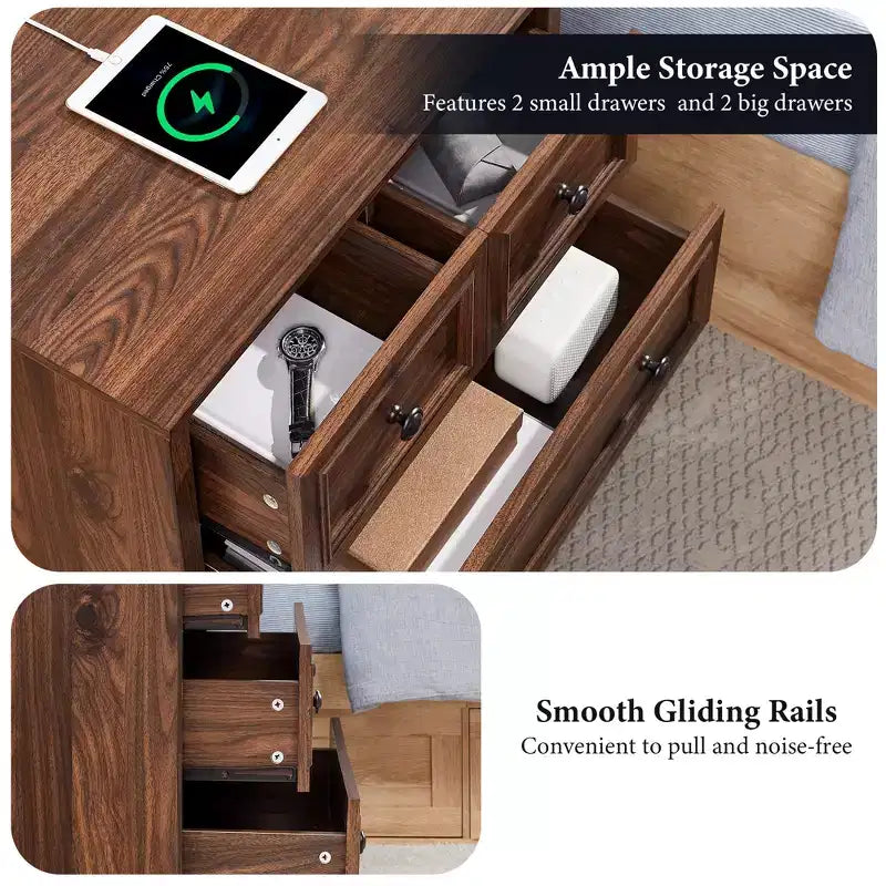 Table de chevet avec 4 tiroirs de rangement, table de nuit large de 66 cm avec station de charge, tables d'appoint en bois pour chambre à coucher, salon