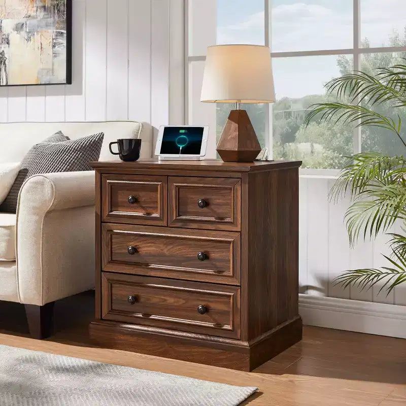 Table de chevet avec 4 tiroirs de rangement, table de nuit large de 66 cm avec station de charge, tables d'appoint en bois pour chambre à coucher, salon