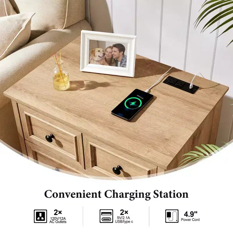 Table de chevet avec 4 tiroirs de rangement, table de nuit large de 66 cm avec station de charge, tables d'appoint en bois pour chambre à coucher, salon
