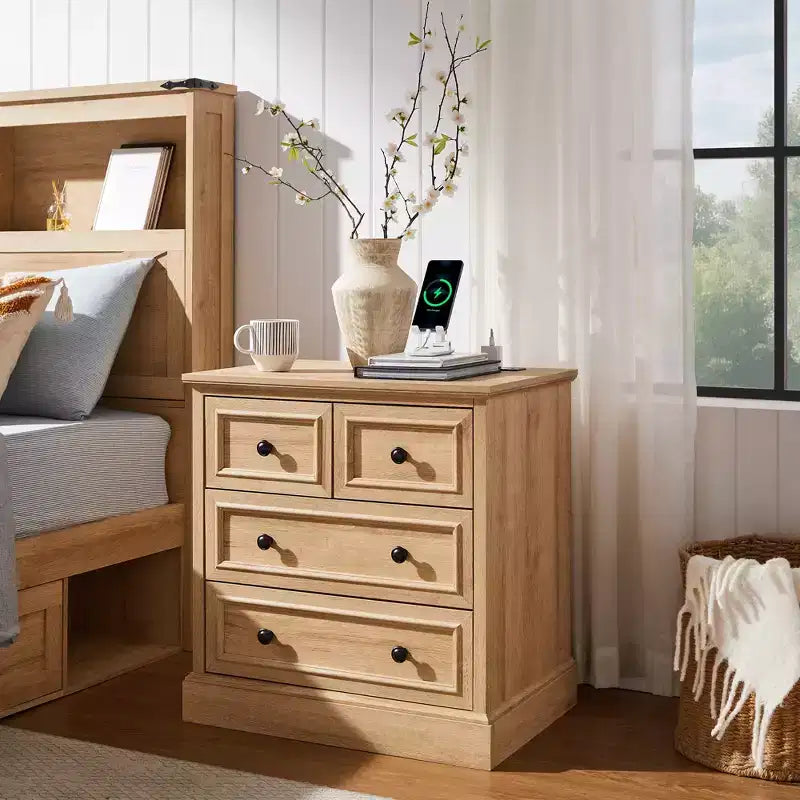 Table de chevet avec 4 tiroirs de rangement, table de nuit large de 66 cm avec station de charge, tables d'appoint en bois pour chambre à coucher, salon