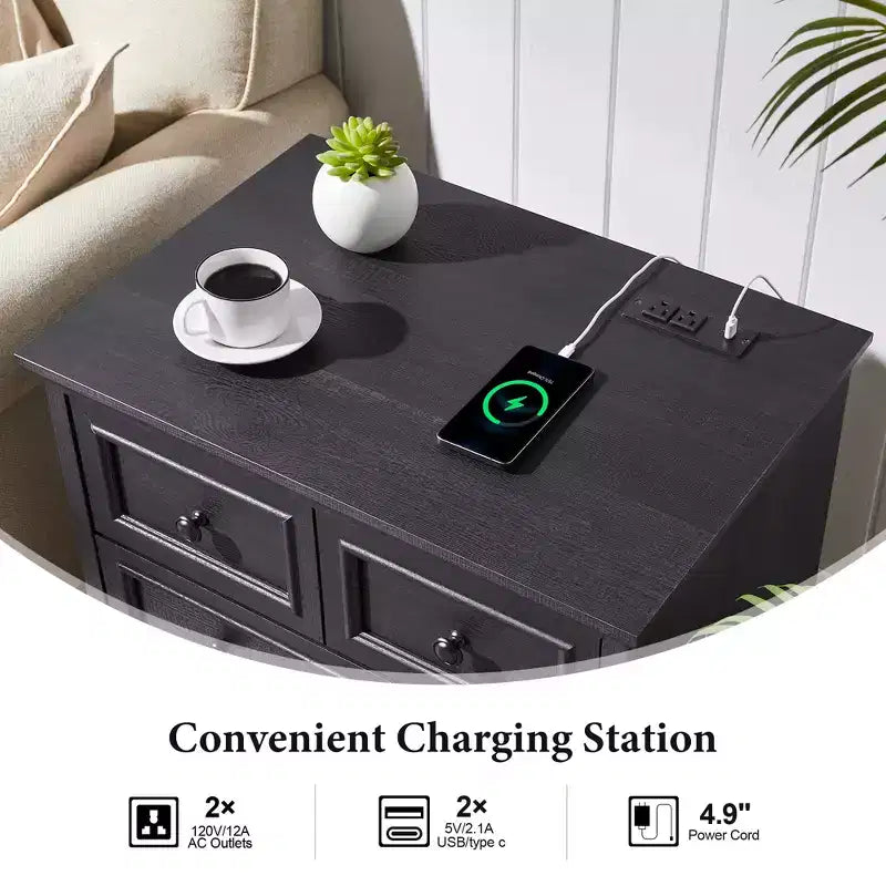 Table de chevet avec 4 tiroirs de rangement, table de nuit large de 66 cm avec station de charge, tables d'appoint en bois pour chambre à coucher, salon