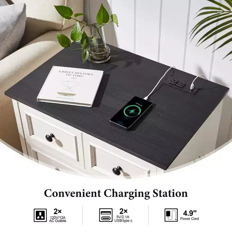 Table de chevet avec 4 tiroirs de rangement, table de nuit large de 66 cm avec station de charge, tables d'appoint en bois pour chambre à coucher, salon