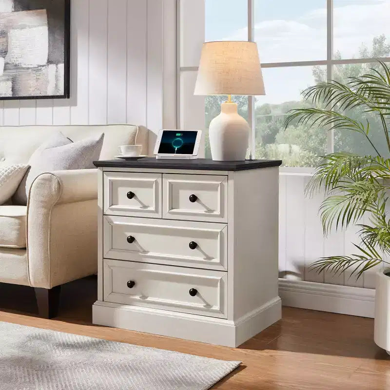 Table de chevet avec 4 tiroirs de rangement, table de nuit large de 66 cm avec station de charge, tables d'appoint en bois pour chambre à coucher, salon