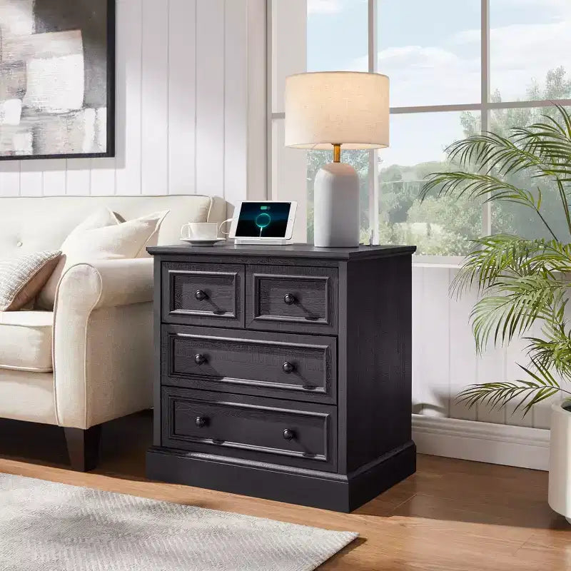 Table de chevet avec 4 tiroirs de rangement, table de nuit large de 66 cm avec station de charge, tables d'appoint en bois pour chambre à coucher, salon