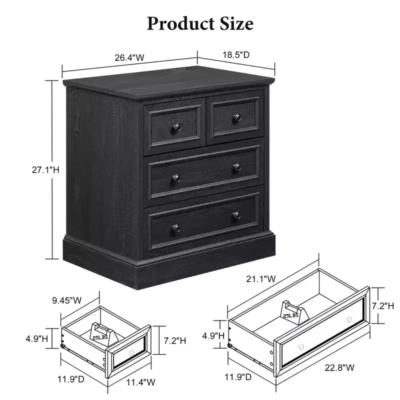 Table de chevet avec 4 tiroirs de rangement, table de nuit large de 66 cm avec station de charge, tables d'appoint en bois pour chambre à coucher, salon
