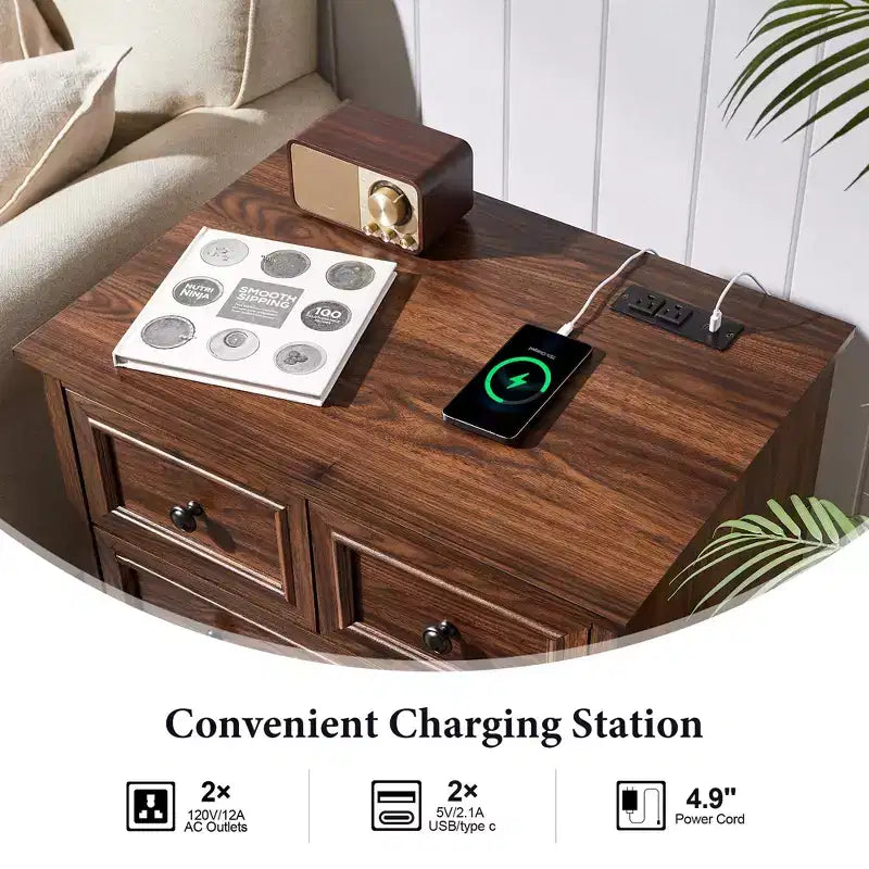 Table de chevet avec 4 tiroirs de rangement, table de nuit large de 66 cm avec station de charge, tables d'appoint en bois pour chambre à coucher, salon