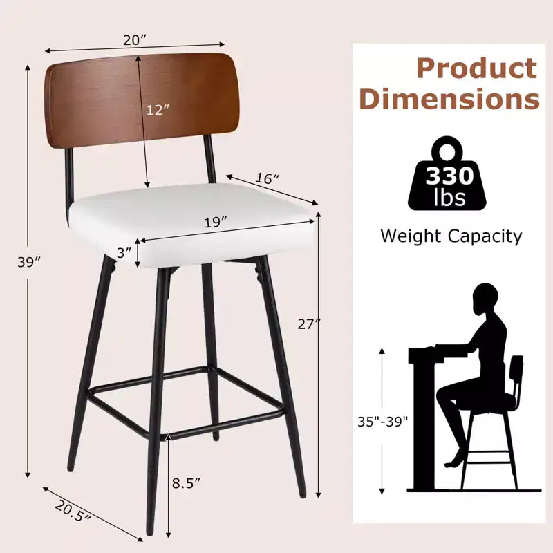 Lot de 2/4 tabourets de bar rembourrés Costway 27 avec dossier en bois et pieds en métal, repose-pieds Noir/Blanc