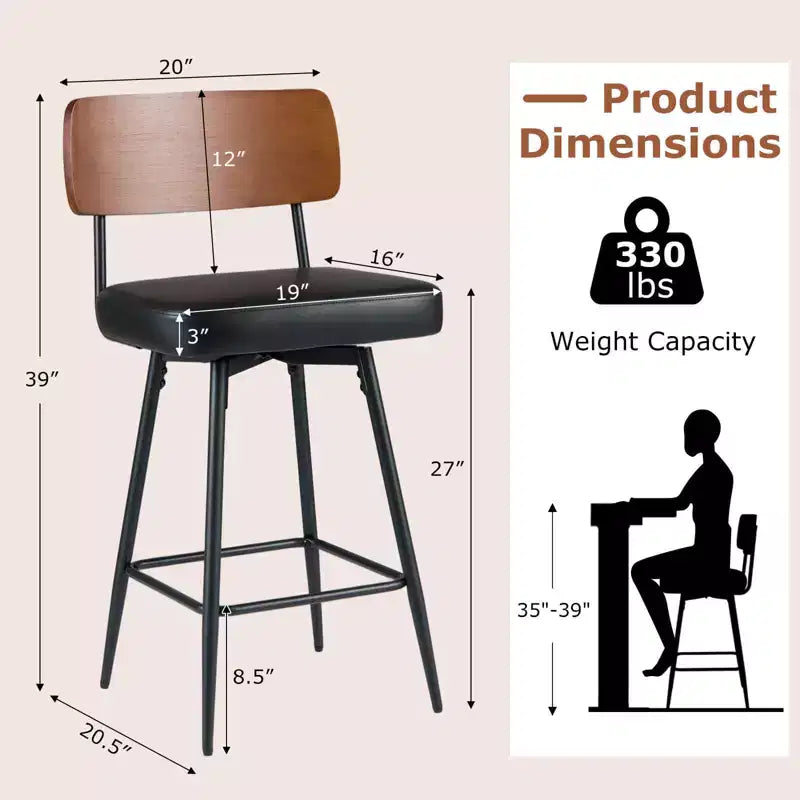 Lot de 2/4 tabourets de bar rembourrés Costway 27 avec dossier en bois et pieds en métal, repose-pieds Noir/Blanc