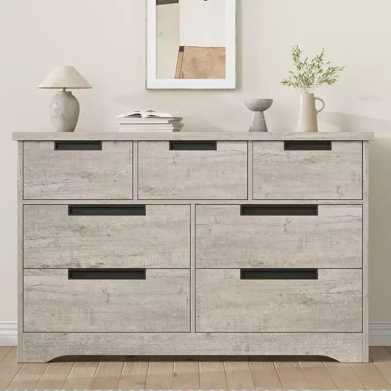 COZONY Commode à 7 tiroirs de 118,9 cm de large, en chêne naturel, avec poignées intégrées