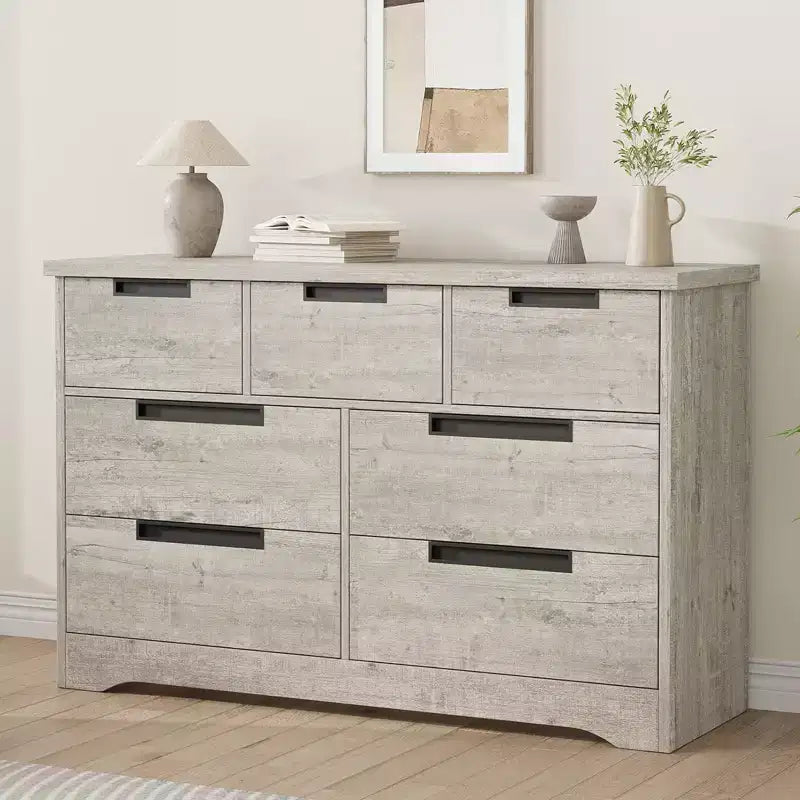 COZONY Commode à 7 tiroirs de 118,9 cm de large, en chêne naturel, avec poignées intégrées
