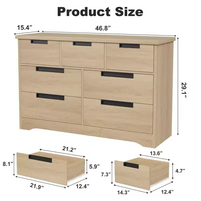 COZONY Commode à 7 tiroirs de 118,9 cm de large, en chêne naturel, avec poignées intégrées