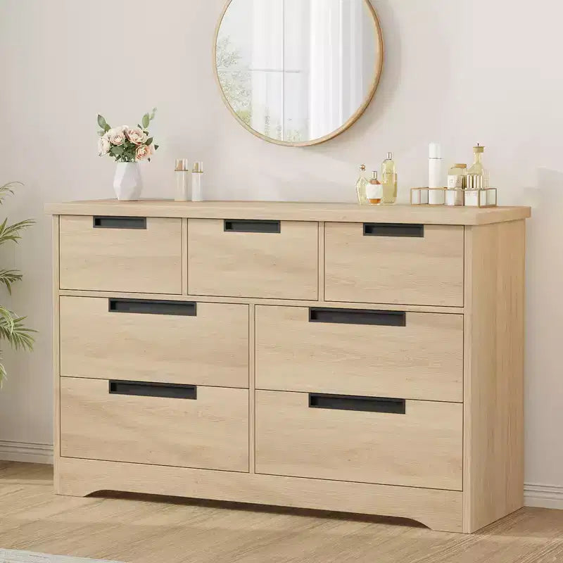 COZONY Commode à 7 tiroirs de 118,9 cm de large, en chêne naturel, avec poignées intégrées