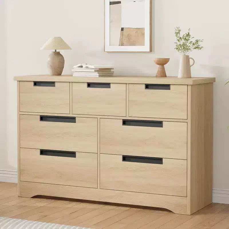 COZONY Commode à 7 tiroirs de 118,9 cm de large, en chêne naturel, avec poignées intégrées