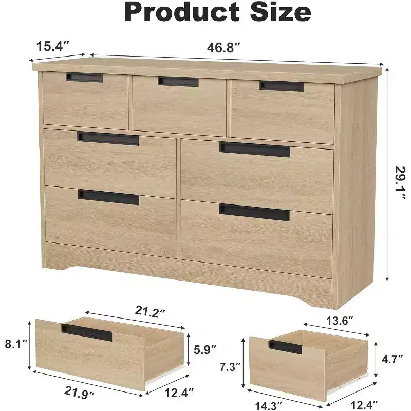 COZONY Commode à 7 tiroirs de 118,9 cm de large, en chêne naturel, avec poignées intégrées