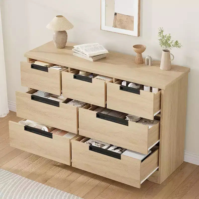 COZONY Commode à 7 tiroirs de 118,9 cm de large, en chêne naturel, avec poignées intégrées