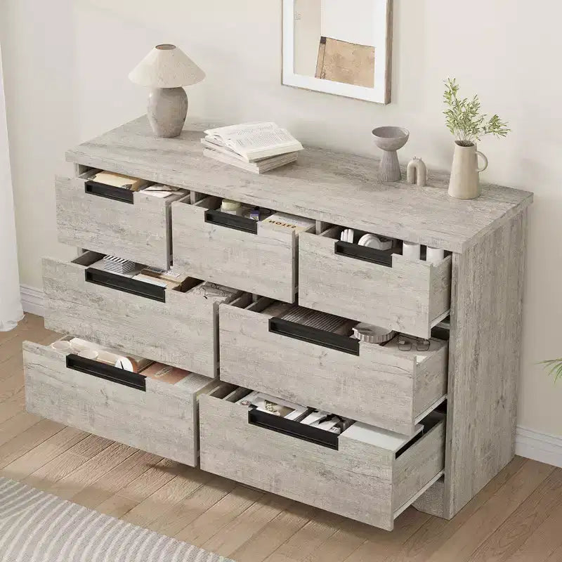 COZONY Commode à 7 tiroirs de 118,9 cm de large, en chêne naturel, avec poignées intégrées