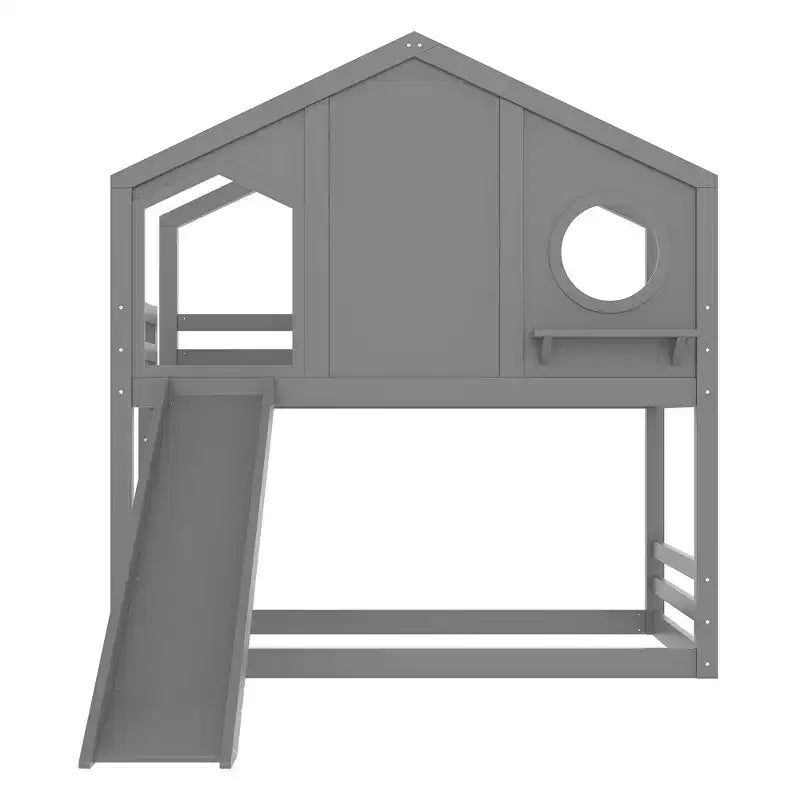 Lit superposé cabane jumeau sur jumeau avec toboggan et étagères de rangement, cadre de lit superposé en bois avec fenêtre pour enfants