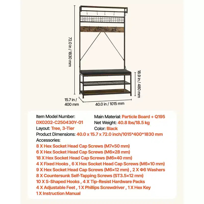 Porte-manteau VEVOR, 183 cm, avec banc à chaussures, organisateur de rangement à chaussures sur pied à 2 niveaux avec crochets, tringle à suspendre et étagère grillagée, marron et noir