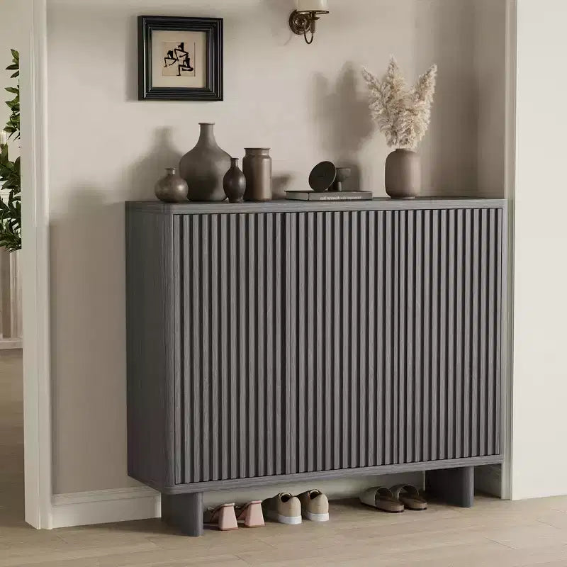 46 Inch Shoe Cabinet with Fluted Door, 5-Tier Storage with 4 Adjustable Shelves, Rustic Shoe Organizer for Entryway, Hallway, Living Room