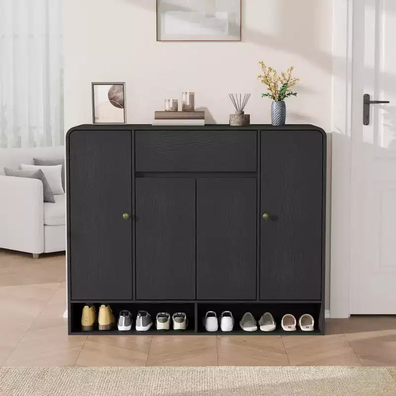 Meuble à chaussures de 120 cm avec 4 portes et 1 tiroir, organiseur d'entrée grande capacité avec coins arrondis, meuble à chaussures étroit pour couloir, salon