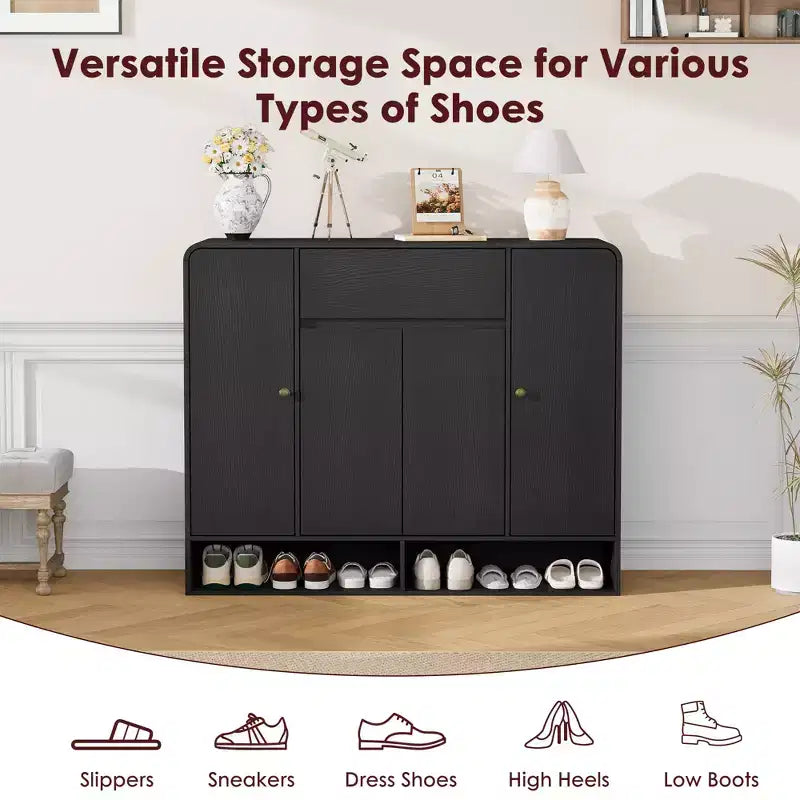 Meuble à chaussures de 120 cm avec 4 portes et 1 tiroir, organiseur d'entrée grande capacité avec coins arrondis, meuble à chaussures étroit pour couloir, salon