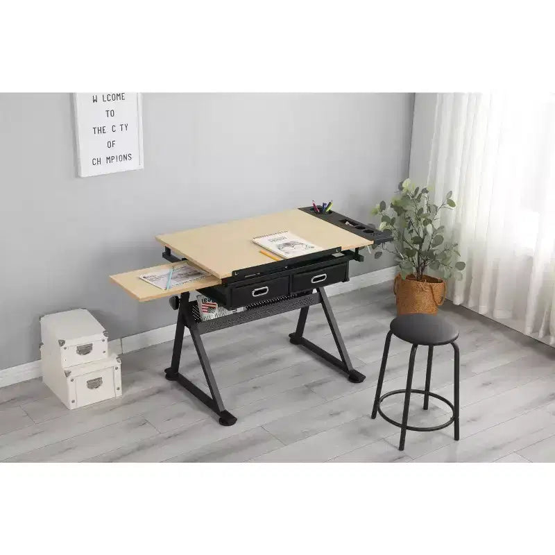 Table à dessin réglable en hauteur, table à dessin inclinable de 0 à 75° pour adultes, bureau d'artiste avec 2 tiroirs de rangement, avec tabouret