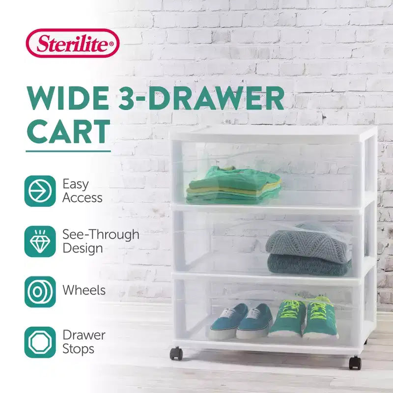 Chariot de rangement Sterilite large à 3 tiroirs, organiseur roulant en plastique, cadre blanc