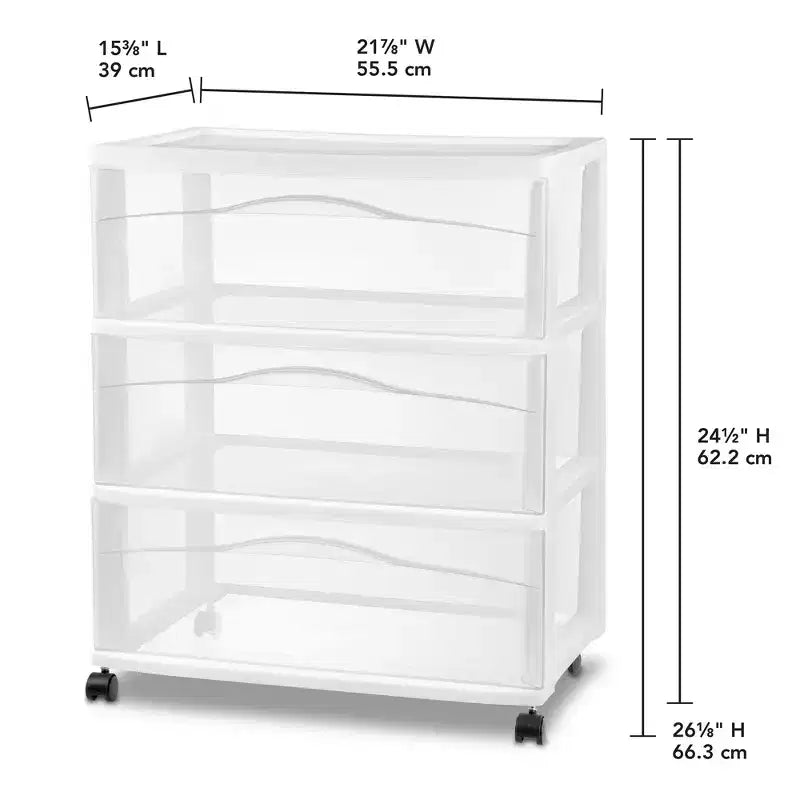 Chariot de rangement Sterilite large à 3 tiroirs, organiseur roulant en plastique, cadre blanc