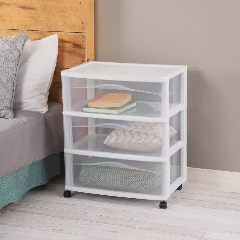 Chariot de rangement Sterilite large à 3 tiroirs, organiseur roulant en plastique, cadre blanc