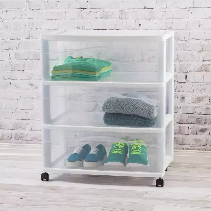 Chariot de rangement Sterilite large à 3 tiroirs, organiseur roulant en plastique, cadre blanc