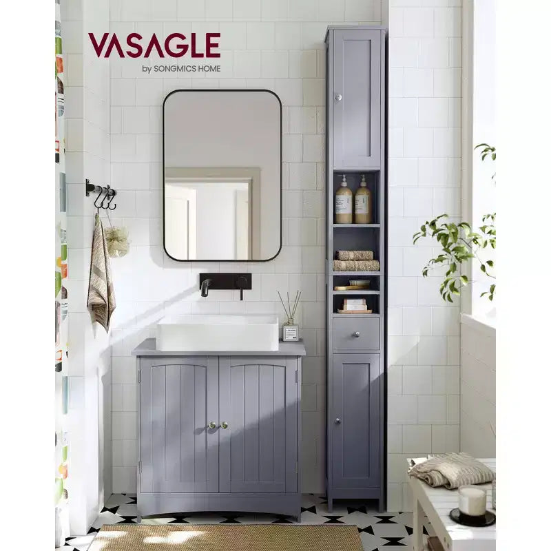 VASAGLE Meuble Colonne de Salle de Bain Haute, Meuble de Rangement Fin Autonome avec Étagères Réglables, Tiroir, Compartiments Ouverts, Gris Colombe