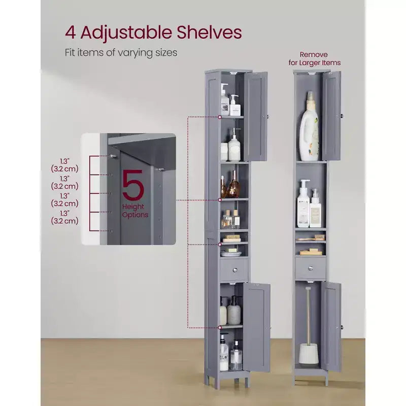 VASAGLE Meuble Colonne de Salle de Bain Haute, Meuble de Rangement Fin Autonome avec Étagères Réglables, Tiroir, Compartiments Ouverts, Gris Colombe