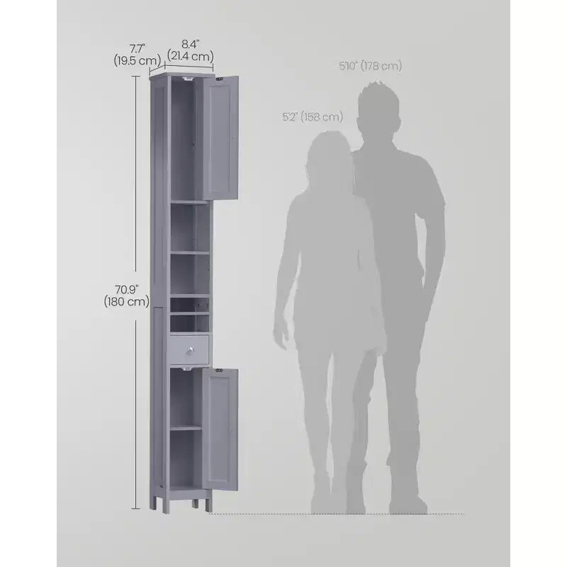 VASAGLE Meuble Colonne de Salle de Bain Haute, Meuble de Rangement Fin Autonome avec Étagères Réglables, Tiroir, Compartiments Ouverts, Gris Colombe
