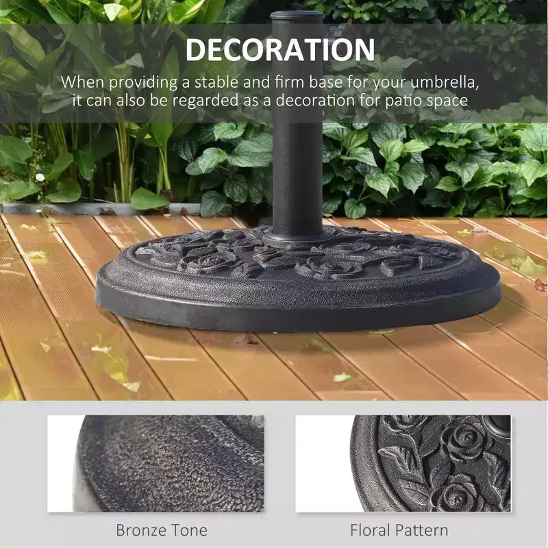 Pied de parasol rond en résine de 45 cm, support de parasol de marché de 9 kg avec motif floral décoratif en forme de rose