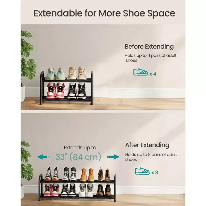 SONGMICS Meuble à Chaussures Extensible, Étagère de Rangement pour Chaussures Ajustable, Robuste et Résistante, pour Placard, Entrée, Salon, 2 Niveaux, Noir Encre