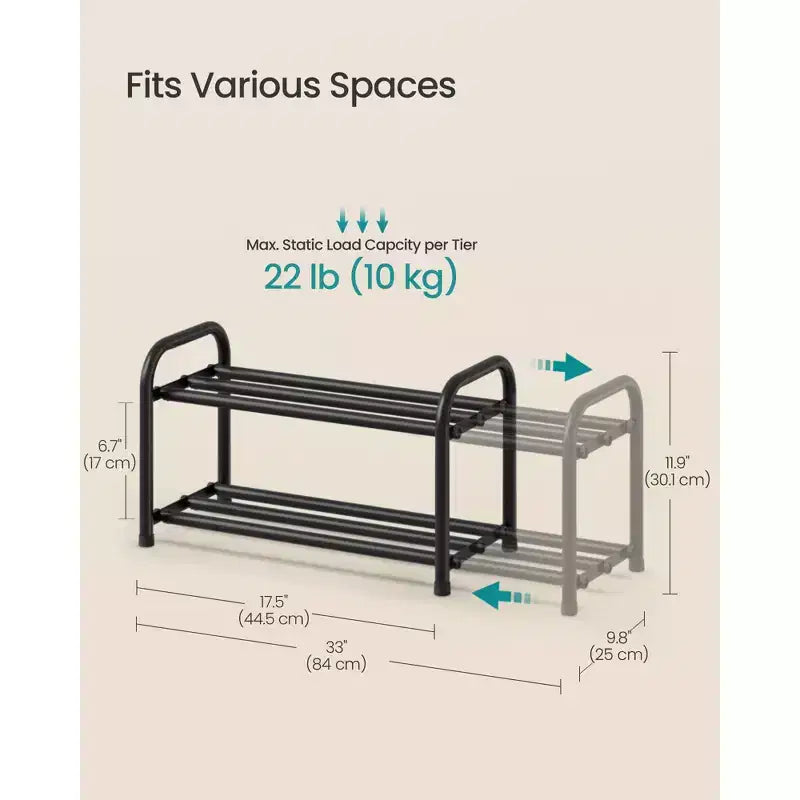 SONGMICS Meuble à Chaussures Extensible, Étagère de Rangement pour Chaussures Ajustable, Robuste et Résistante, pour Placard, Entrée, Salon, 2 Niveaux, Noir Encre