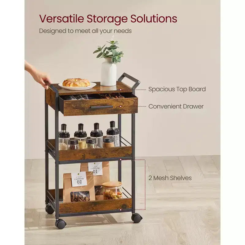 Chariot de rangement VASAGLE, desserte à roulettes à 3 niveaux avec plateau, poignées, 4 roulettes verrouillables, tiroir supérieur, étagères grillagées, marron rustique et noir encre