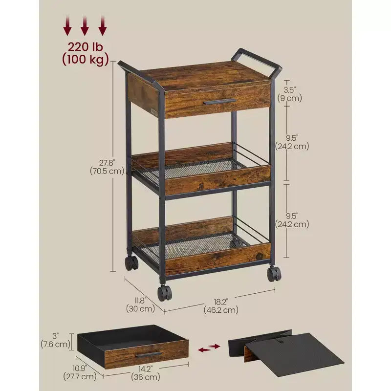Chariot de rangement VASAGLE, desserte à roulettes à 3 niveaux avec plateau, poignées, 4 roulettes verrouillables, tiroir supérieur, étagères grillagées, marron rustique et noir encre
