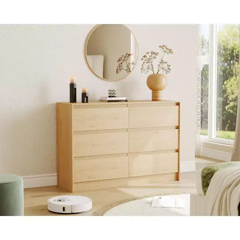 Commode de ferme à 6 tiroirs, commode de 120 cm de large au design sans poignée, meuble de rangement en bois de chêne naturel pour chambre et salon