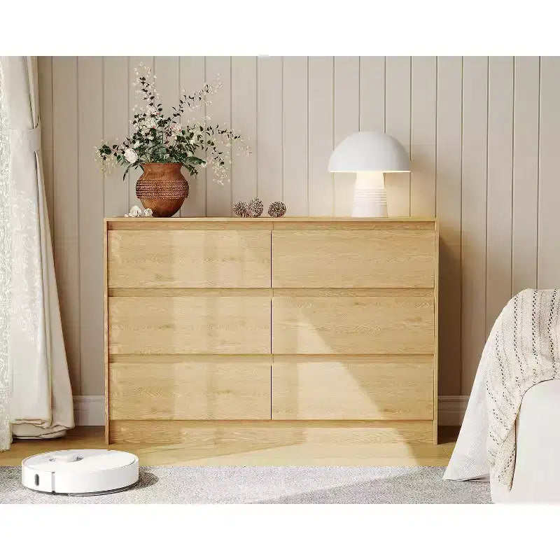 Commode de ferme à 6 tiroirs, commode de 120 cm de large au design sans poignée, meuble de rangement en bois de chêne naturel pour chambre et salon