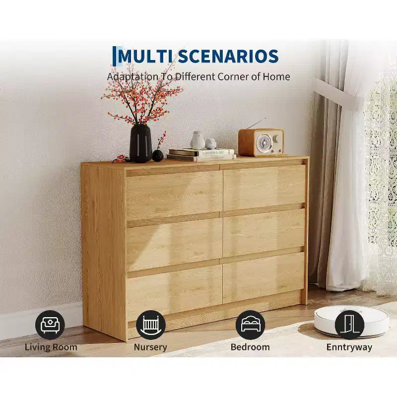 Commode de ferme à 6 tiroirs, commode de 120 cm de large au design sans poignée, meuble de rangement en bois de chêne naturel pour chambre et salon