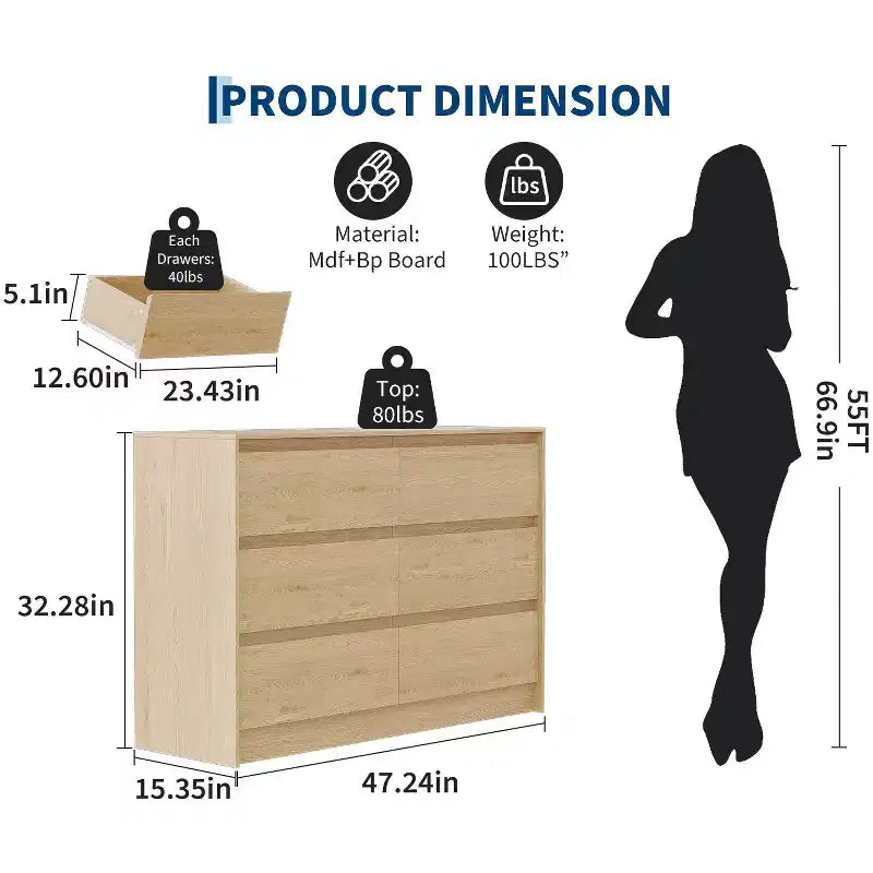 Commode de ferme à 6 tiroirs, commode de 120 cm de large au design sans poignée, meuble de rangement en bois de chêne naturel pour chambre et salon